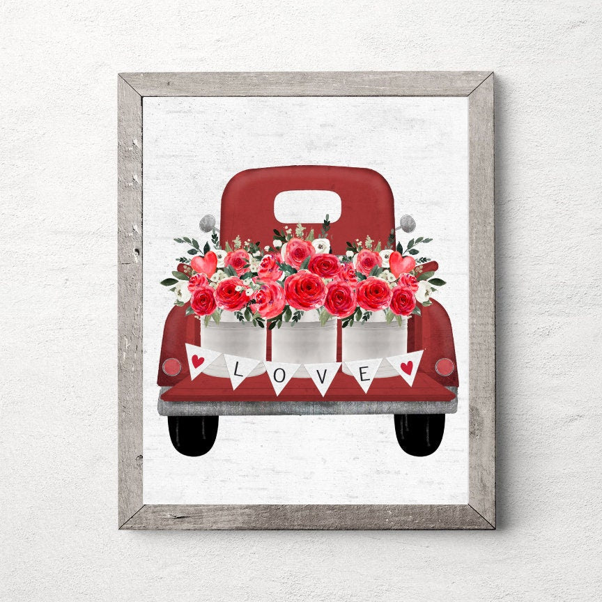 Red Farm Truck Love Banner Floral Print 