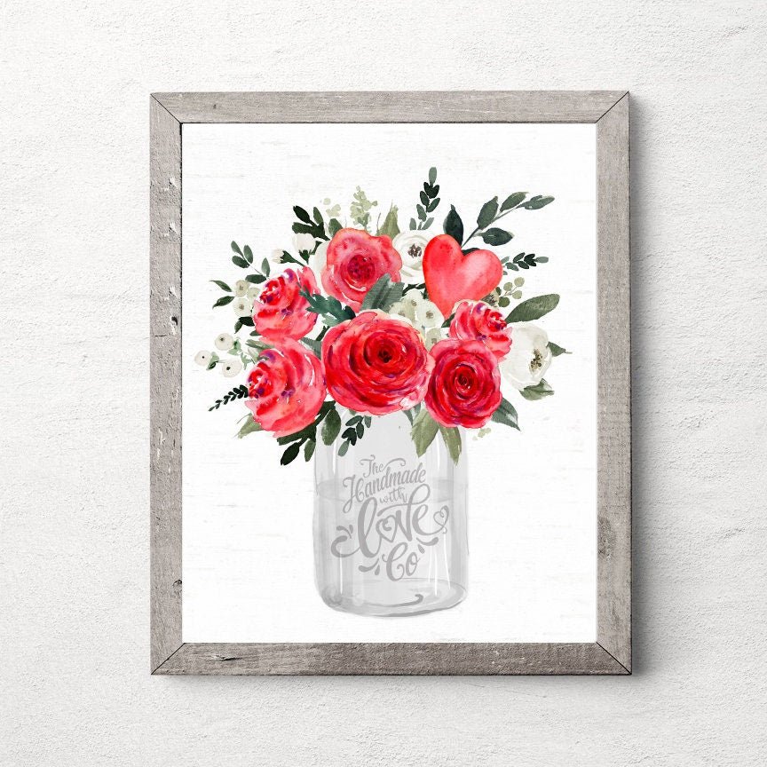 White Mason Jar Red Floral Bouquet - Lettered & Lined