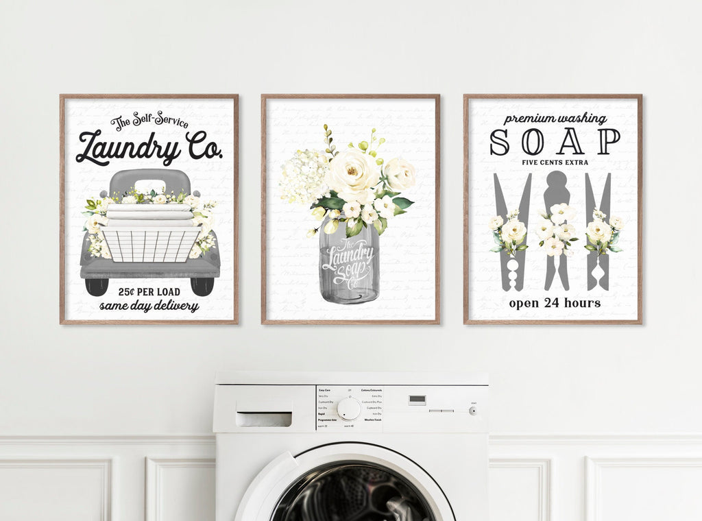 Set of 3 Gray Laundry Wall Art: Laundry Co | Laundry Wall Decor | Farmhouse Laundry Decor | Laundry Signs | Vintage Laundry | Wall Hanging