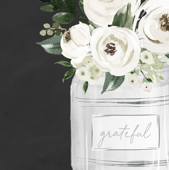 White Mason Jars Grateful Thankful Blessed White Floral Art 