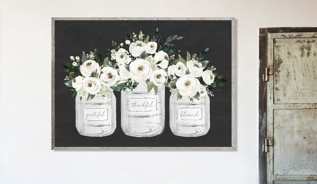 White Mason Jars Grateful Thankful Blessed White Floral Art 