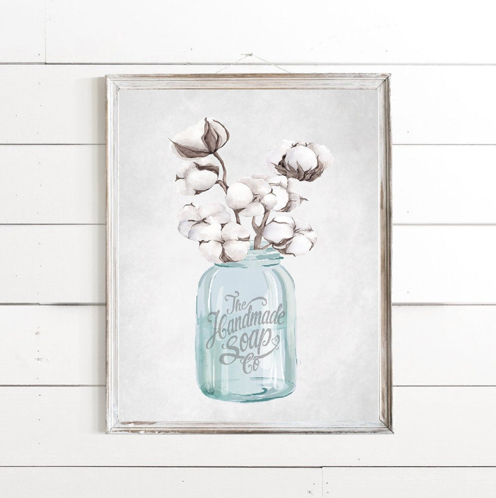 Blue Mason Jar Cotton Stems Bouquet - Lettered & Lined
