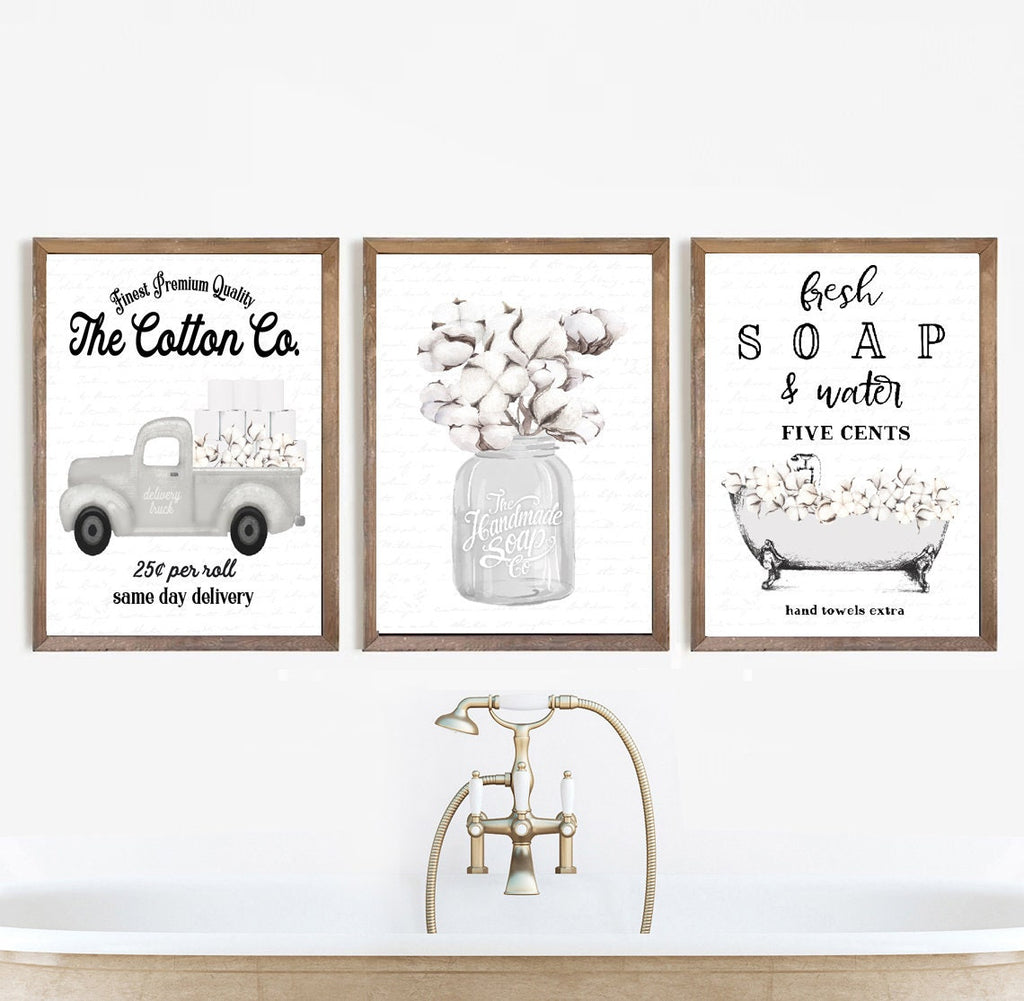 Set of 3 White Cotton Bathroom Wall Art: Cotton Co Truck  | Custom Bathroom Wall Decor | Farmhouse Bathroom Decor | Vintage Bathroom Signs
