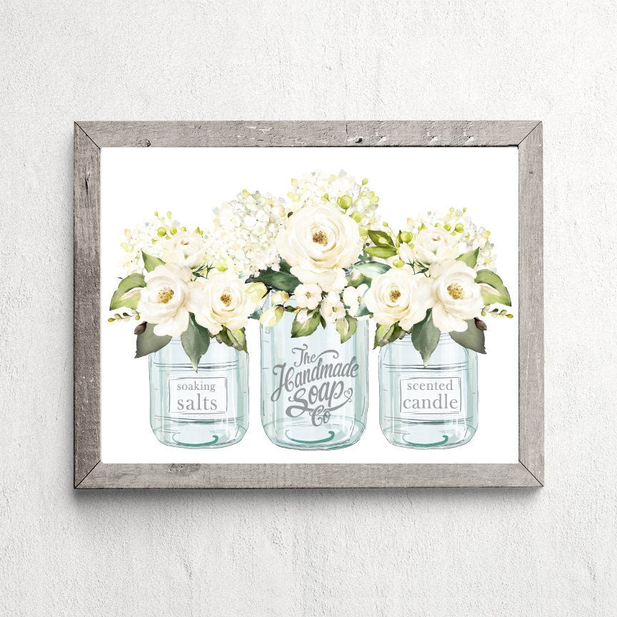 Blue Mason Jar Labels Trio White Floral | Bathroom Wall Art | Bathroom Wall Decor | Farmhouse Bathroom Decor | Bathroom Sign | Vintage Print