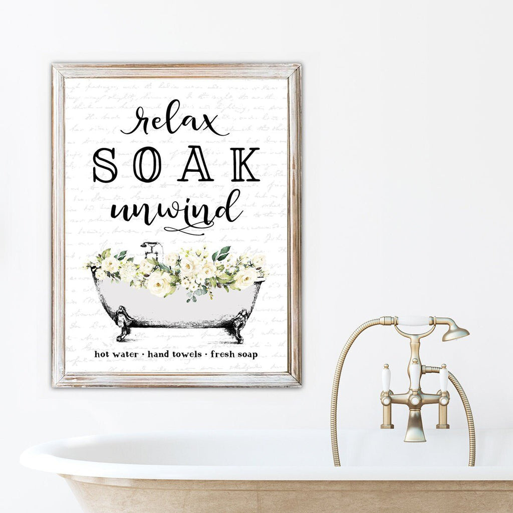 White Relax Soak Unwind Floral Clawfoot - Lettered & Lined