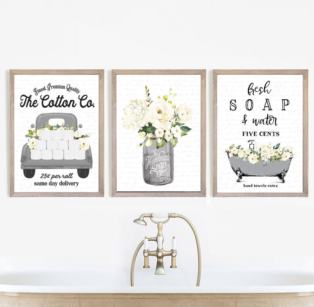 Set of 3 Gray Bathroom Wall Art: Cotton Co Truck  | Custom Bathroom Wall Decor | Farmhouse Bathroom Decor | Bathroom Signs | Vintage Sign