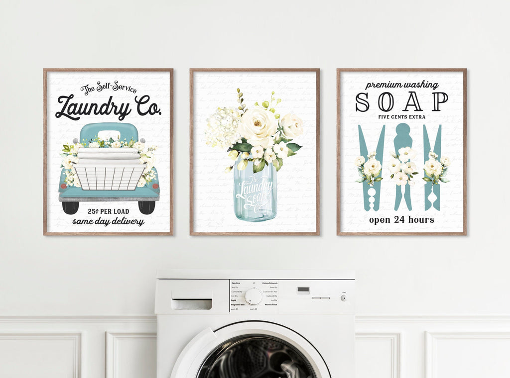 Set of 3 Blue Laundry Wall Art: Laundry Co | Laundry Wall Decor | Farmhouse Laundry Decor | Laundry Signs | Vintage Laundry | Wall Hanging