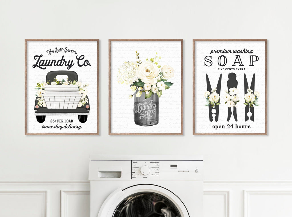 Set of 3 Black Laundry Wall Art: Laundry Co | Laundry Wall Decor | Farmhouse Laundry Decor | Laundry Signs | Vintage Laundry | Wall Hanging