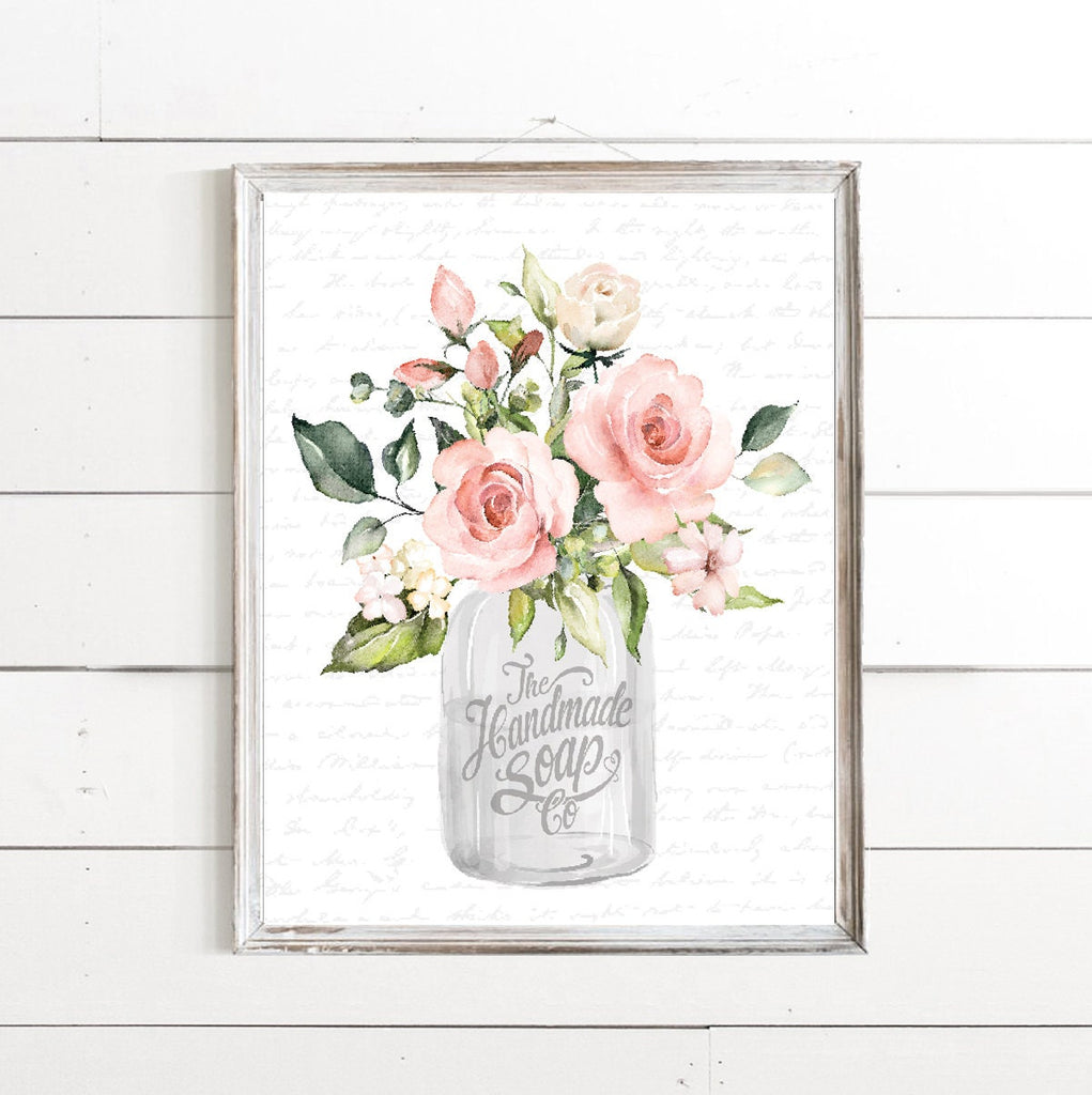 Set of 3 White with Rose Floral Bathroom Prints 