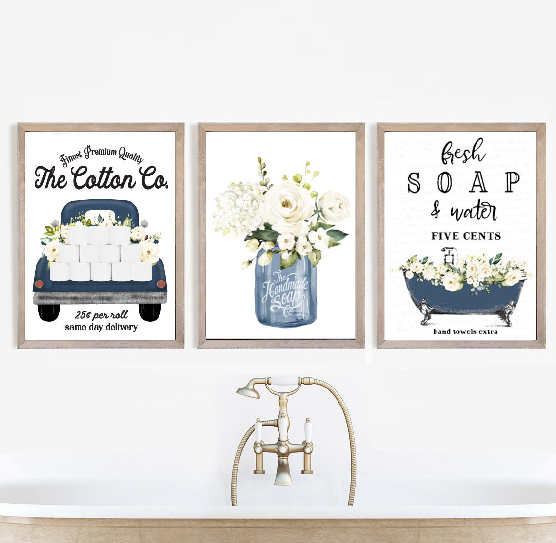 set-of-3-navy-blue-floral-bathroom-lettered-lined for Free Printable Vintage Bathroom Art Set of 3 Navy Blue Floral Bathroom - Lettered & Lined for Free Printable Vintage Bathroom Art