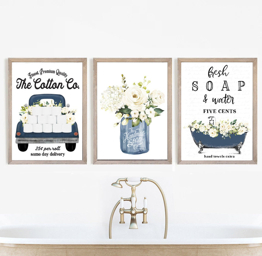 Set of 3 Navy Blue Bathroom Wall Art: The Cotton Co Truck | Bathroom Wall Decor | Farmhouse Bathroom Decor | Bathroom Signs | Vintage Prints