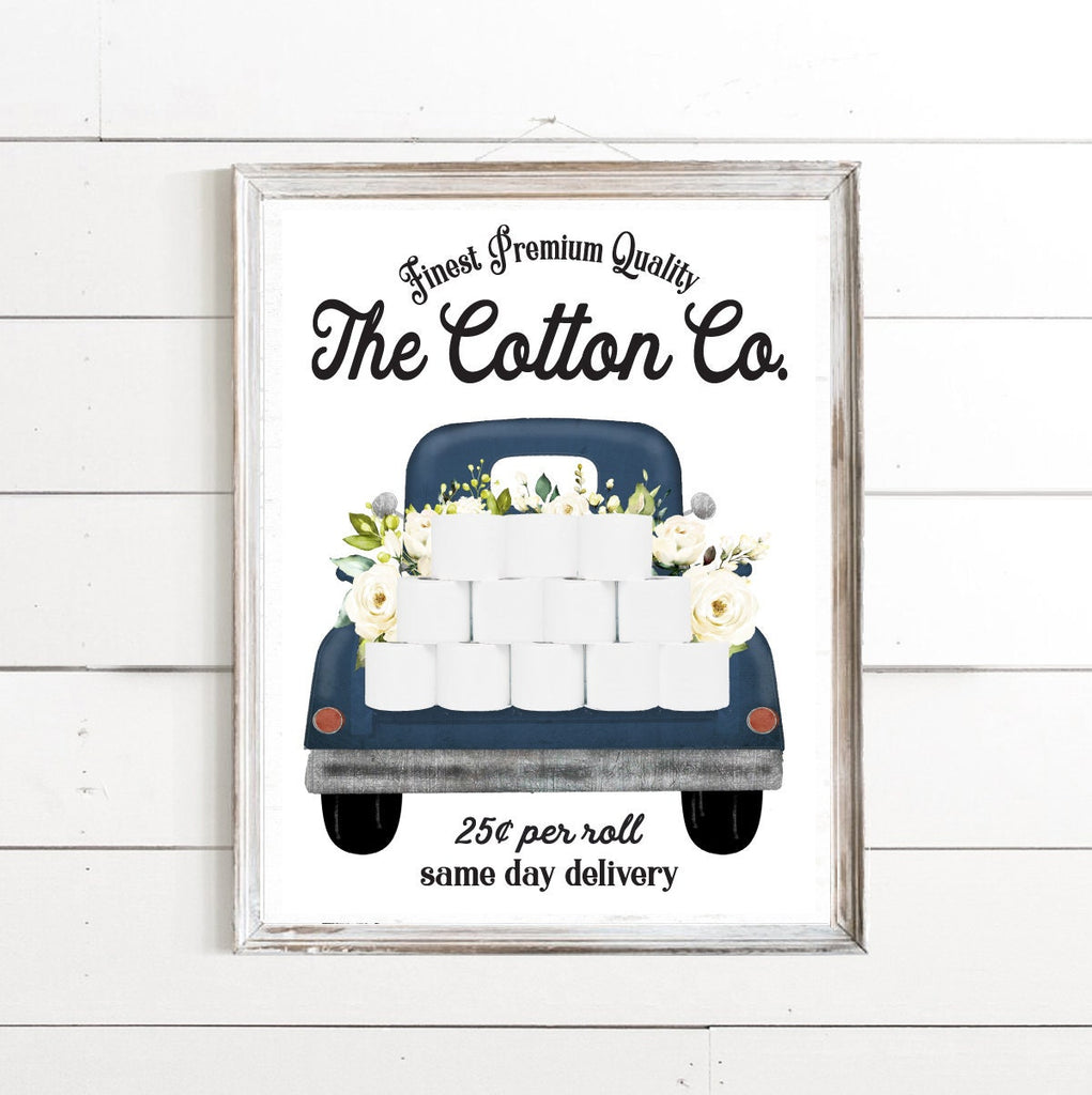 Set of 3 Navy Blue Bathroom Wall Art: The Cotton Co Truck | Bathroom Wall Decor | Farmhouse Bathroom Decor | Bathroom Signs | Vintage Prints