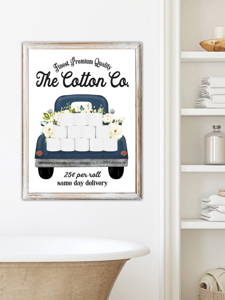 Set of 3 Navy Blue Bathroom Wall Art: The Cotton Co Truck | Bathroom Wall Decor | Farmhouse Bathroom Decor | Bathroom Signs | Vintage Prints