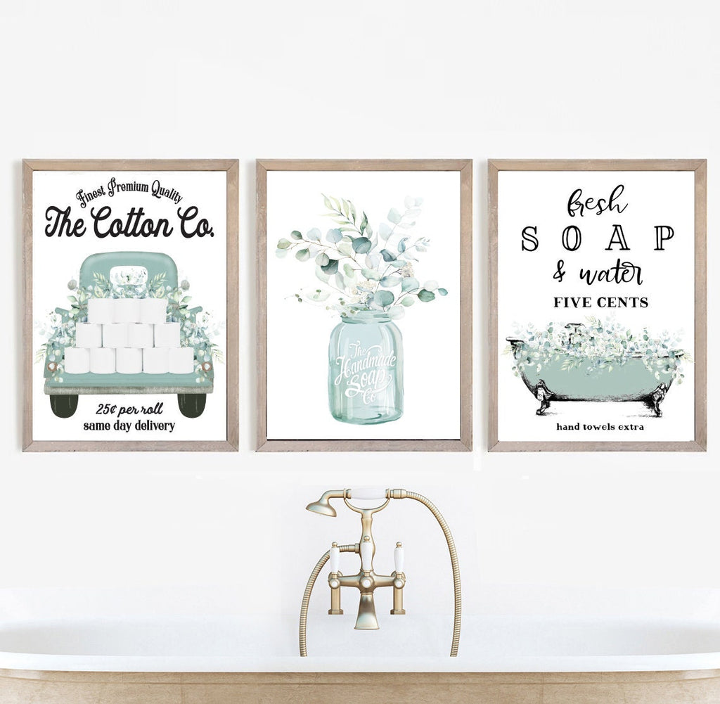 Set of 3 Blue Eucalyptus Bathroom Wall Art: Cotton Co Truck | Bathroom Wall Decor | Farmhouse Bathroom Decor | Bathroom Sign | Vintage Print