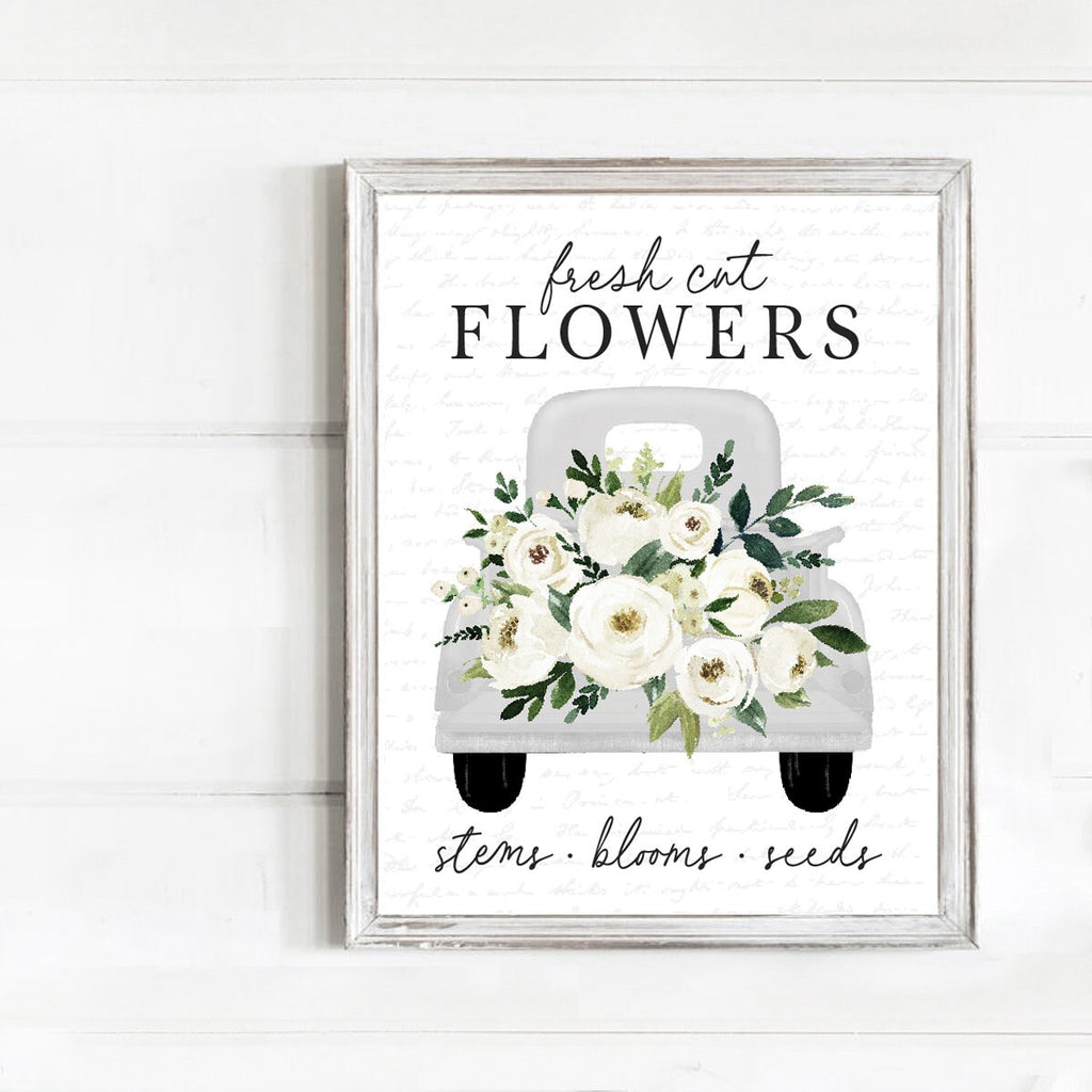 Fresh Cut Flowers White Truck White Floral Print 