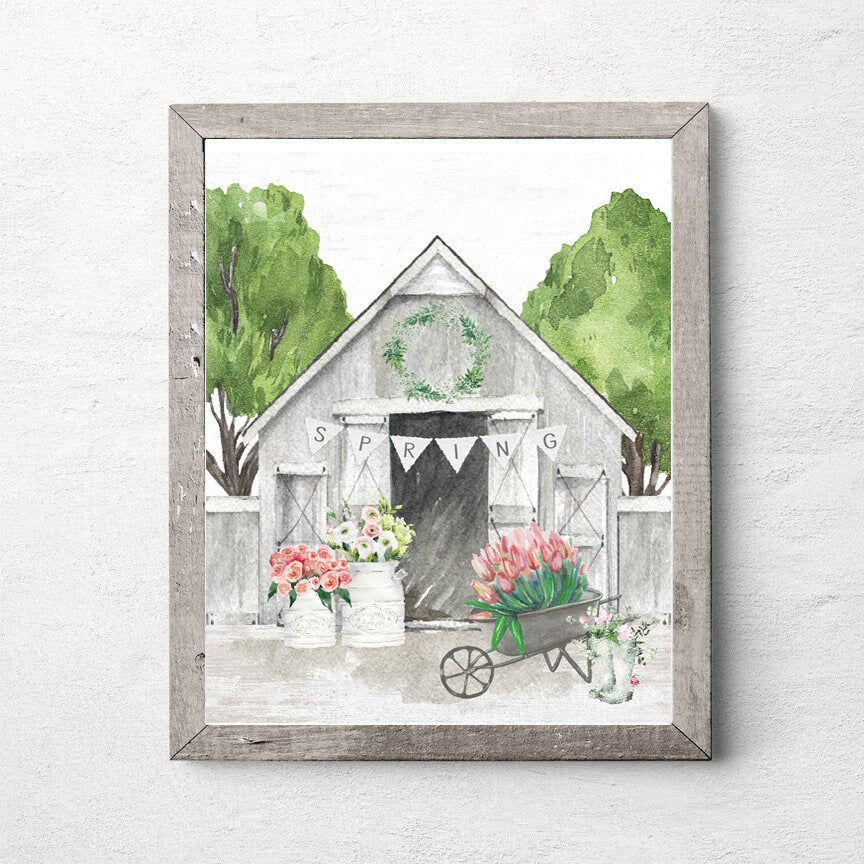 Spring Barn with Flowers & Wheelbarrow Print 