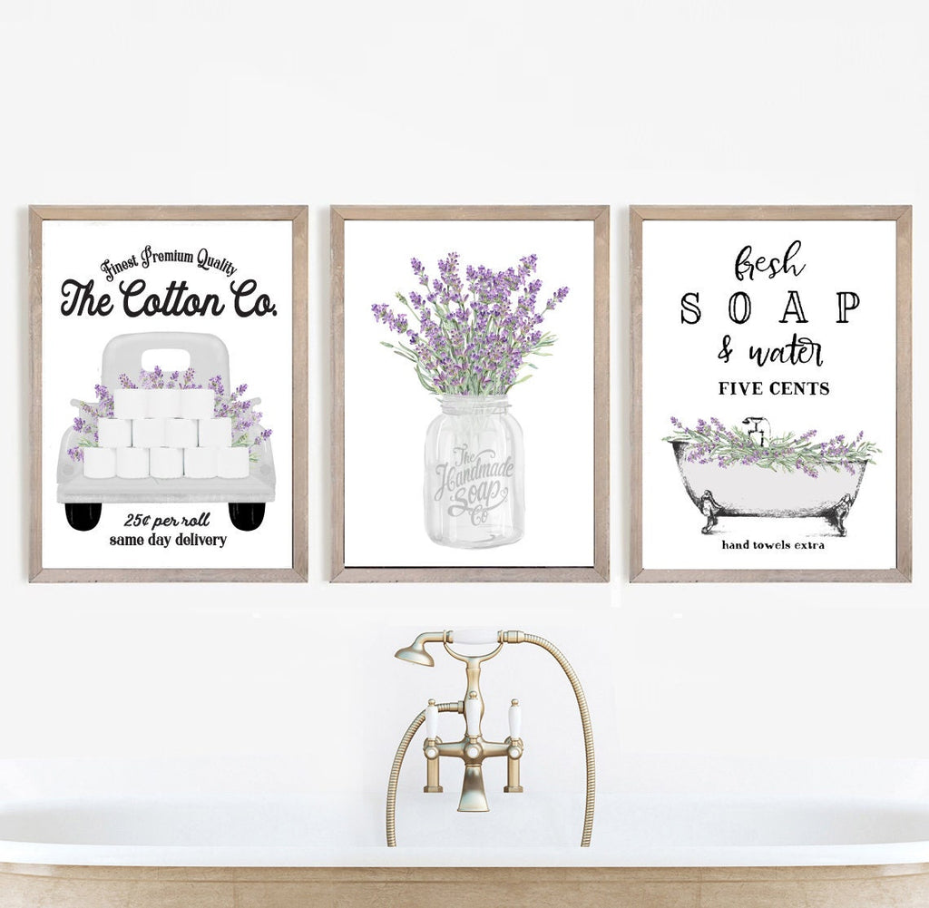 Set of 3 Lavender Floral White Bathroom - Lettered & Lined