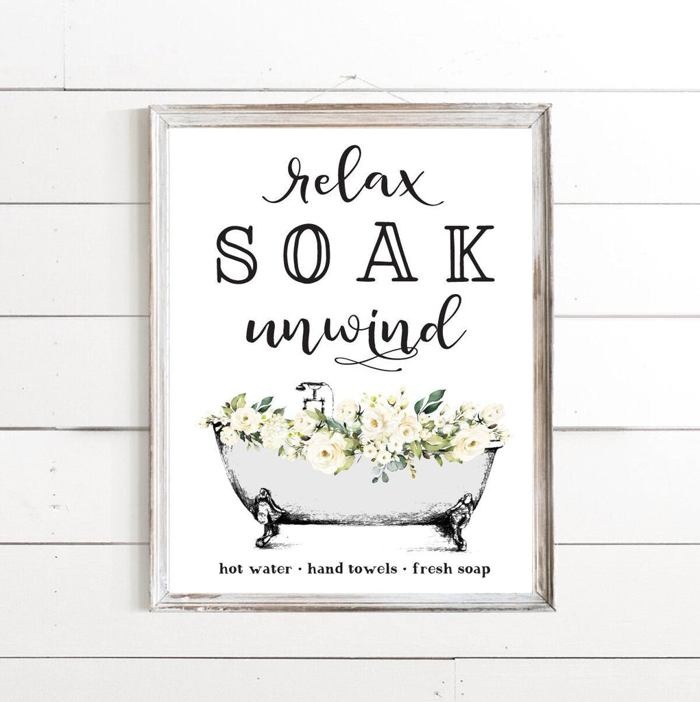 White Relax Soak Unwind Floral Clawfoot - Lettered & Lined