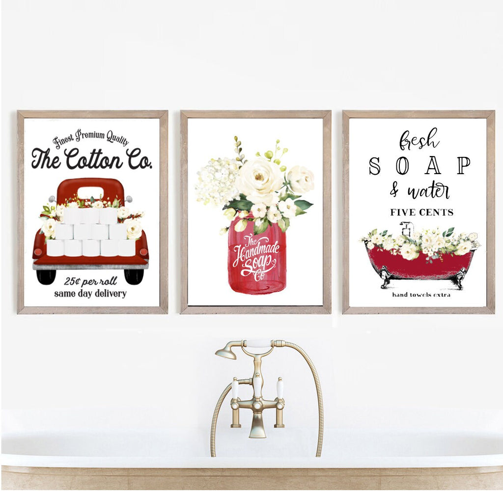 Set of 3 Red with White Floral Bathroom Wall Art: Cotton Co Truck  | Custom Bathroom Wall Decor | Farmhouse Bathroom Decor | Bathroom Signs