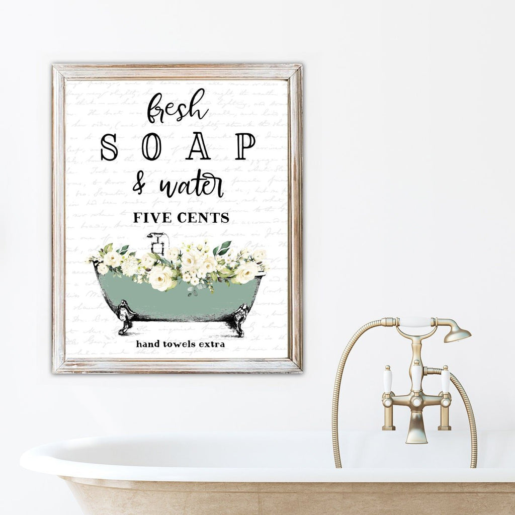 Subtle Green Fresh Soap Water Five Cents White Floral Clawfoot Tub - Lettered & Lined