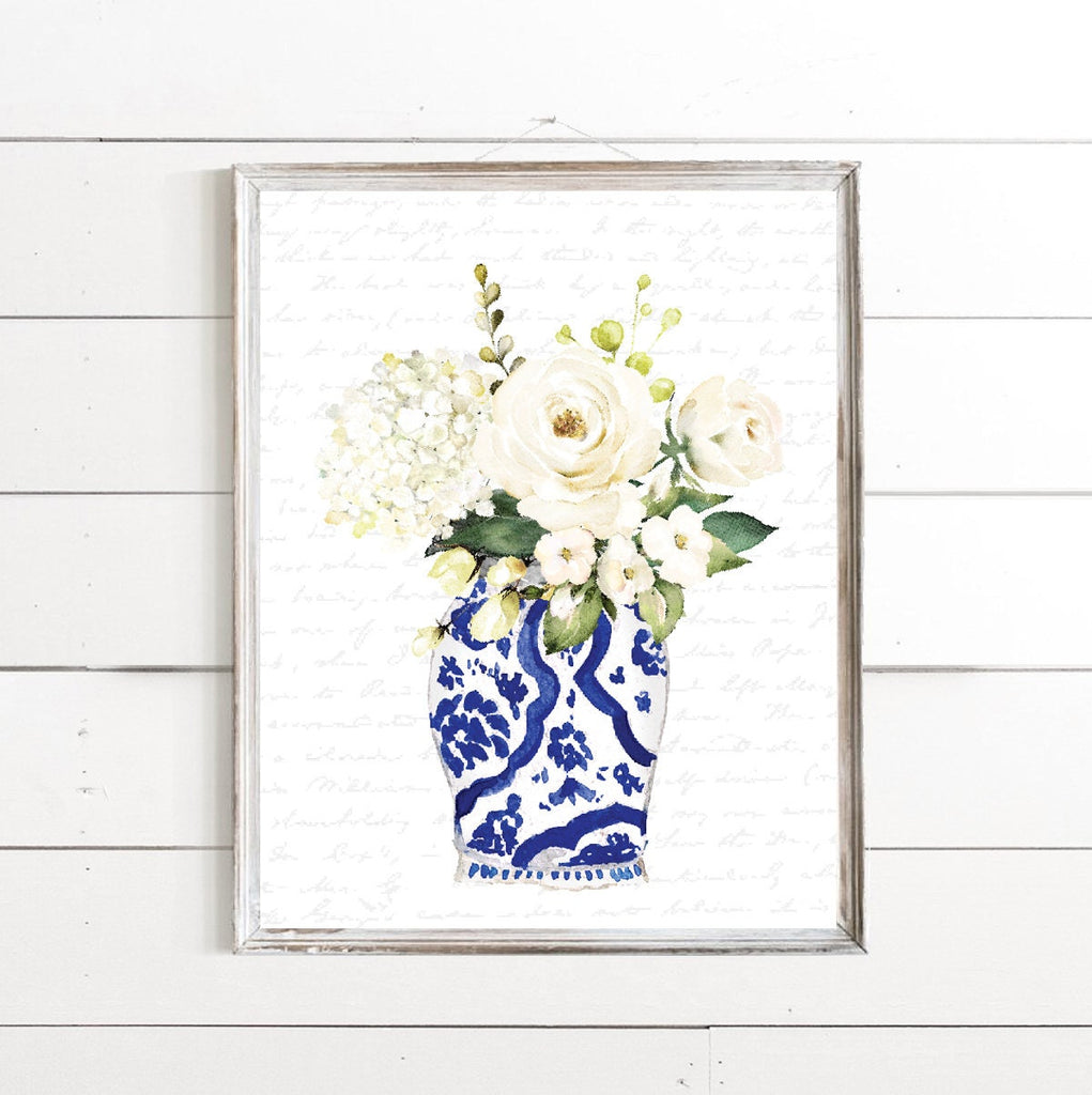 Blue and White Vase White Floral Print 