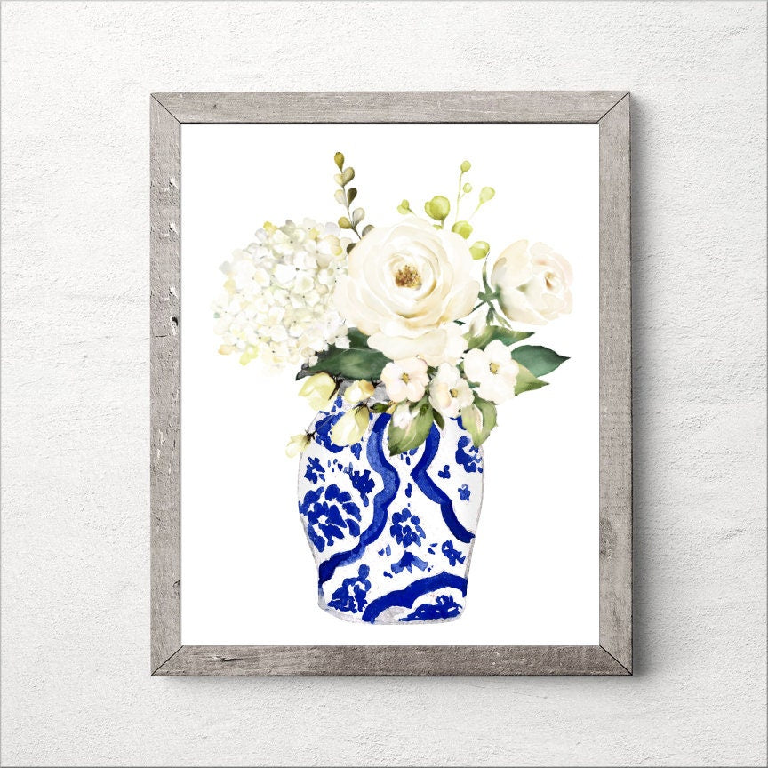 Blue and White Vase White Floral Print 