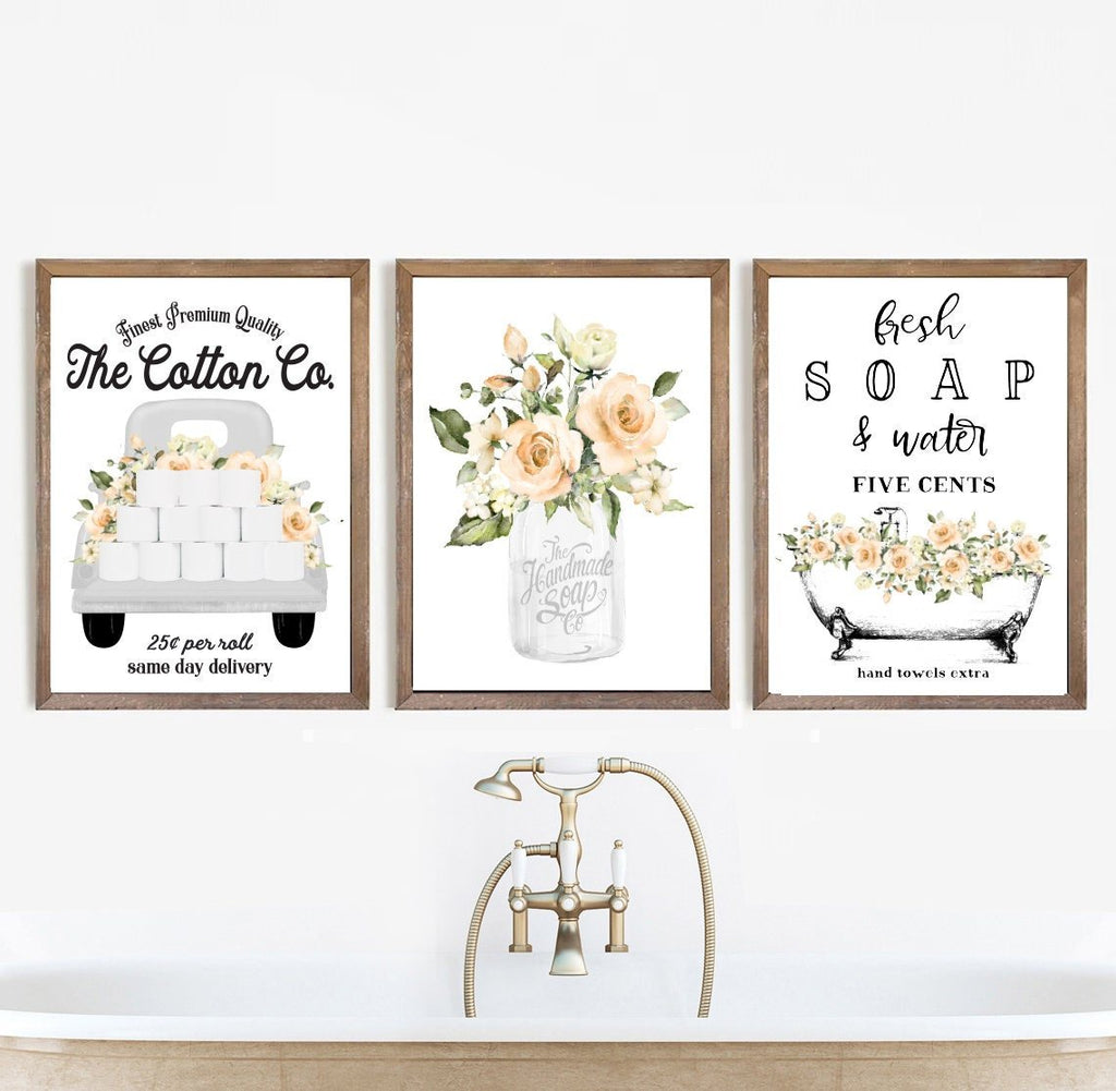Set of 3 White with Peach Floral Bathroom - Lettered & Lined