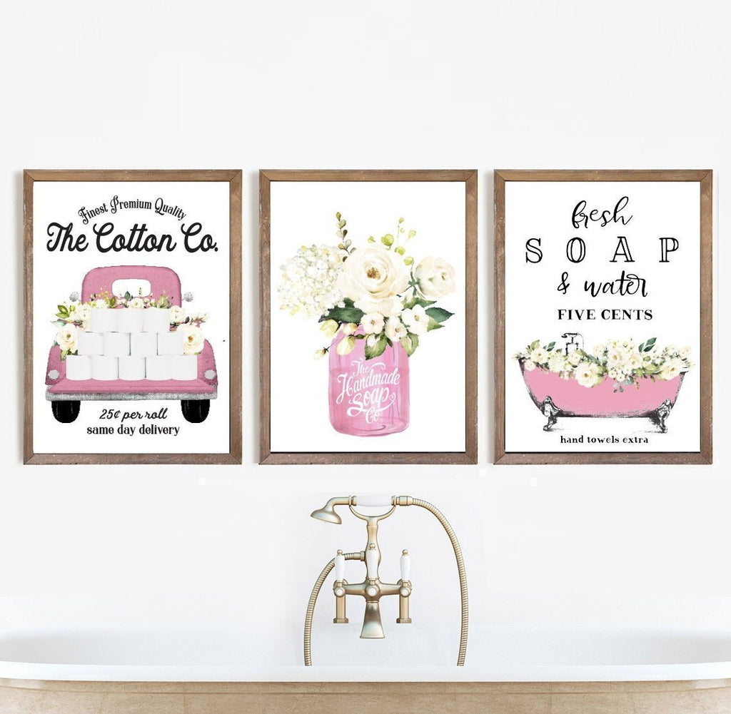 Set of 3 Pink with White Floral Bathroom - Lettered & Lined