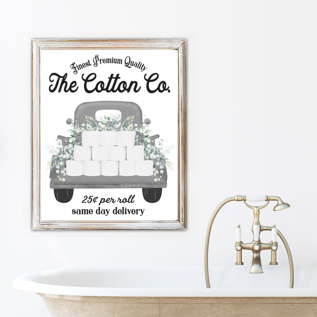 Set of 3 Gray Eucalyptus Bathroom Wall Art: The Cotton Co Truck  | Custom Bathroom Wall Decor | Farmhouse Bathroom Decor | Bathroom Signs
