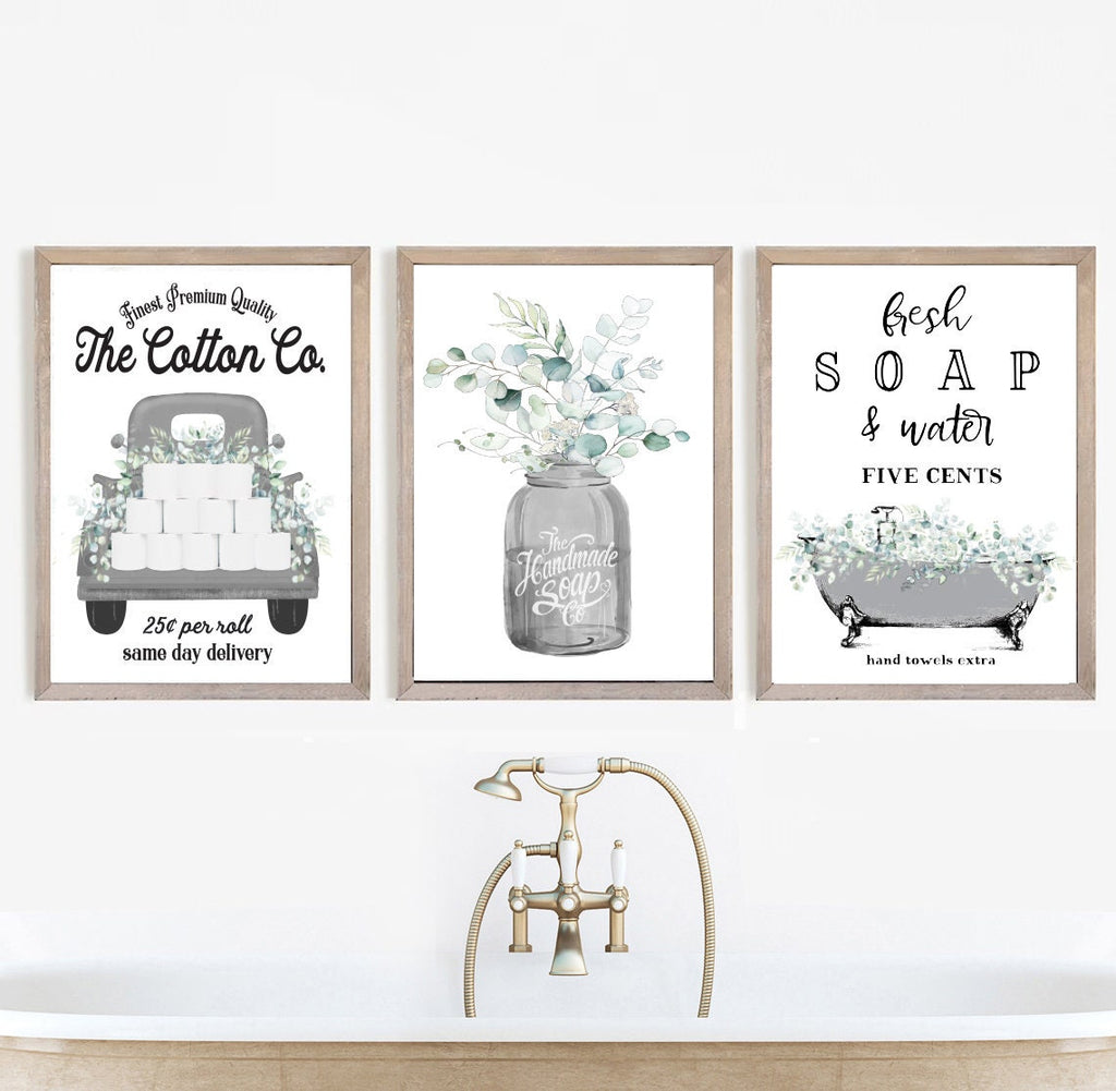 Set of 3 Gray Eucalyptus Bathroom Wall Art: The Cotton Co Truck  | Custom Bathroom Wall Decor | Farmhouse Bathroom Decor | Bathroom Signs