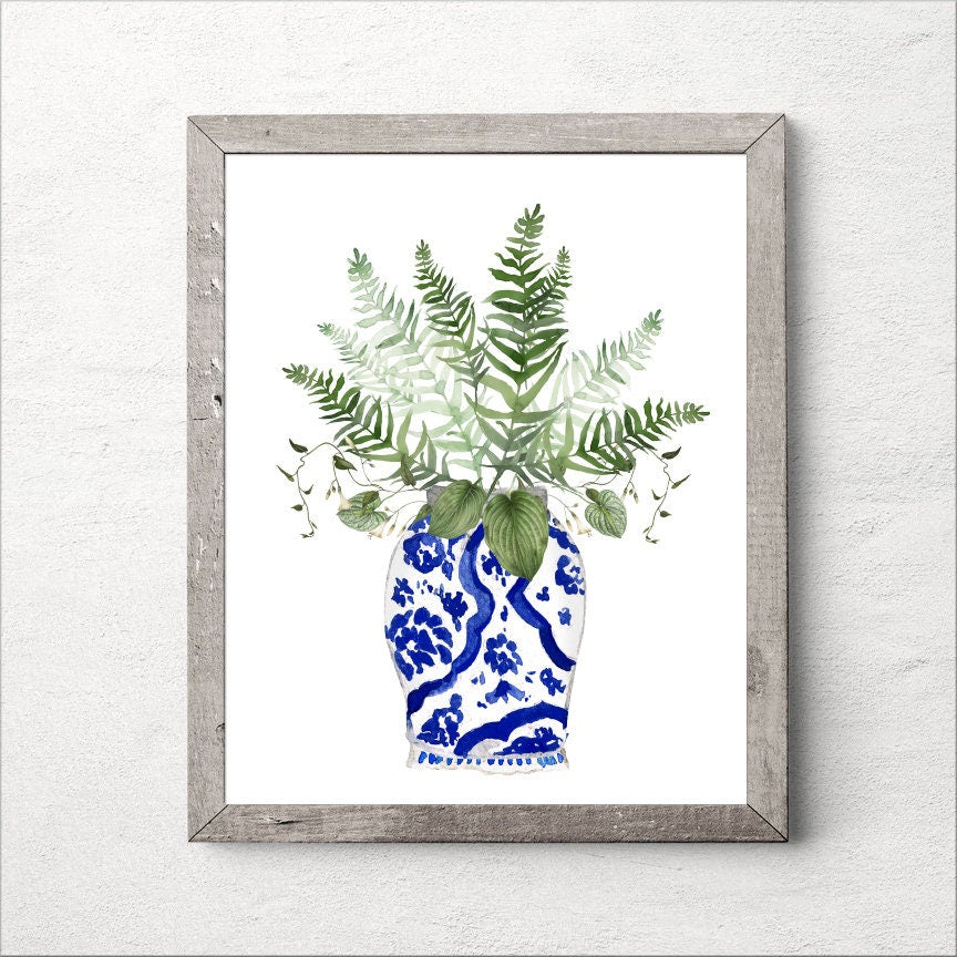 Blue and White Vase with Greenery Flowers Print 