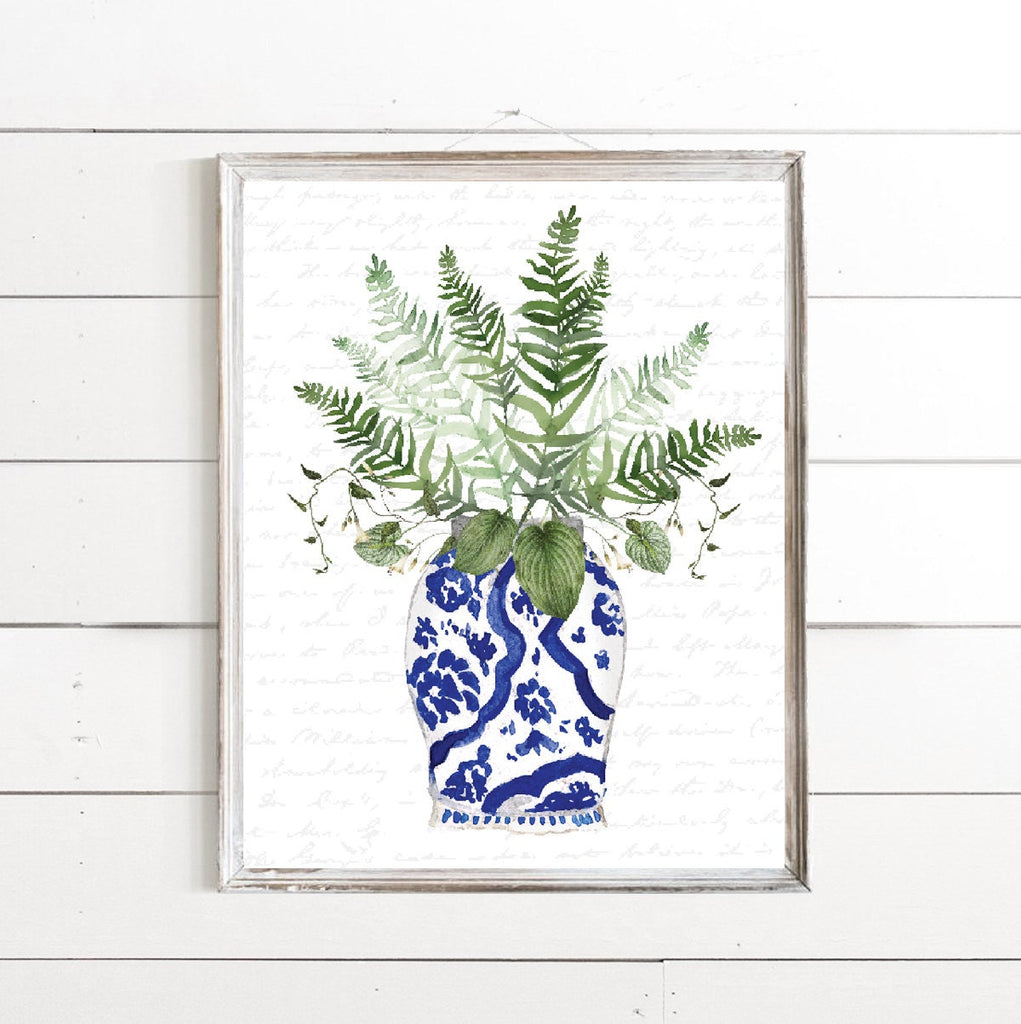 Blue and White Vase with Greenery Flowers Print 
