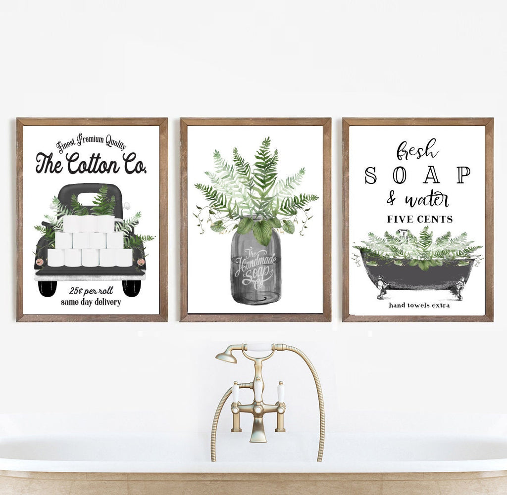 Set of 3 Black & Greenery Bathroom - Lettered & Lined