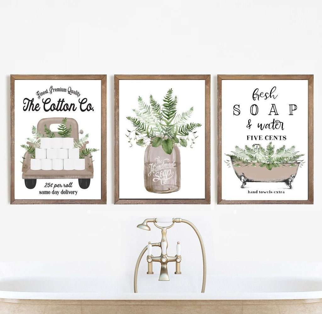 Set of 3 Natural & Greenery Bathroom - Lettered & Lined