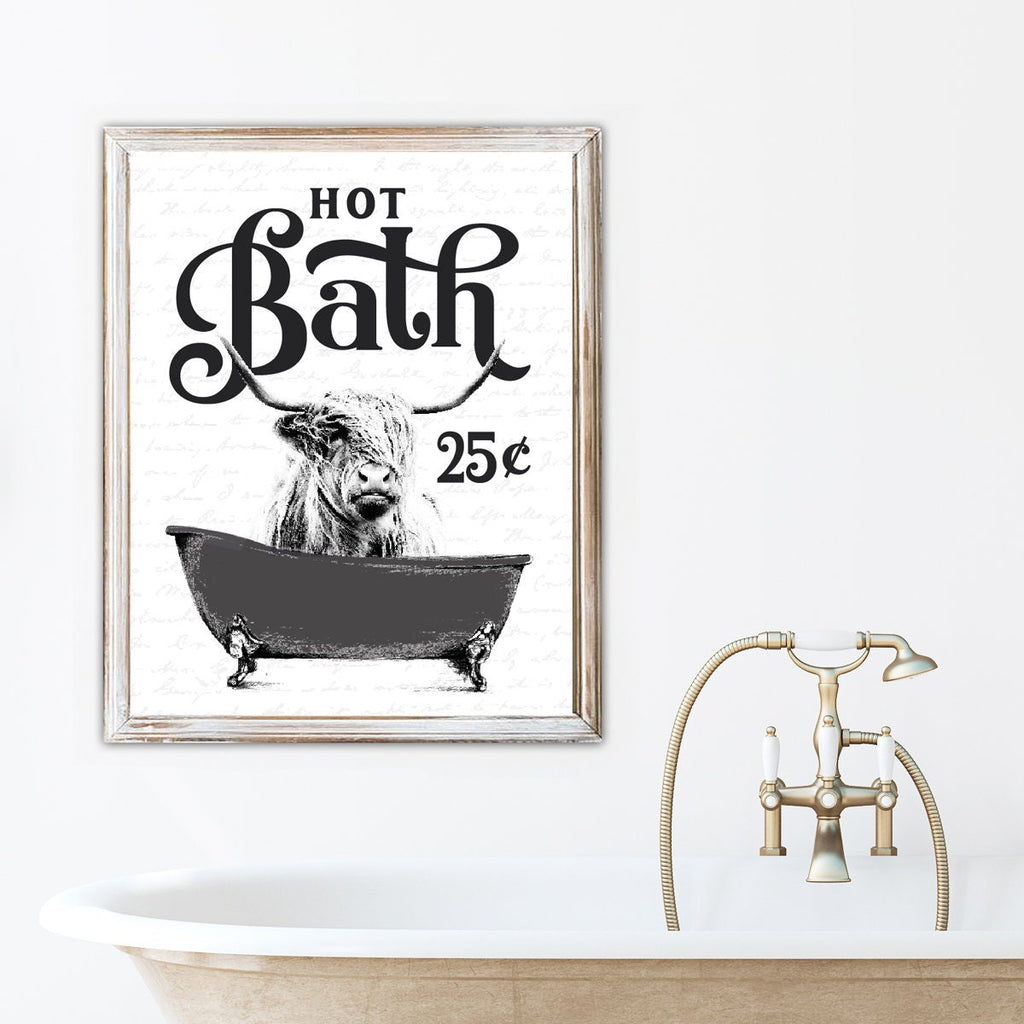 Hot Bath Highland Cow Black Clawfoot Custom Bathroom Wall Art Decor | Farmhouse Bathroom Art | Bathroom Wall Hanging | Funny Bathroom Sign