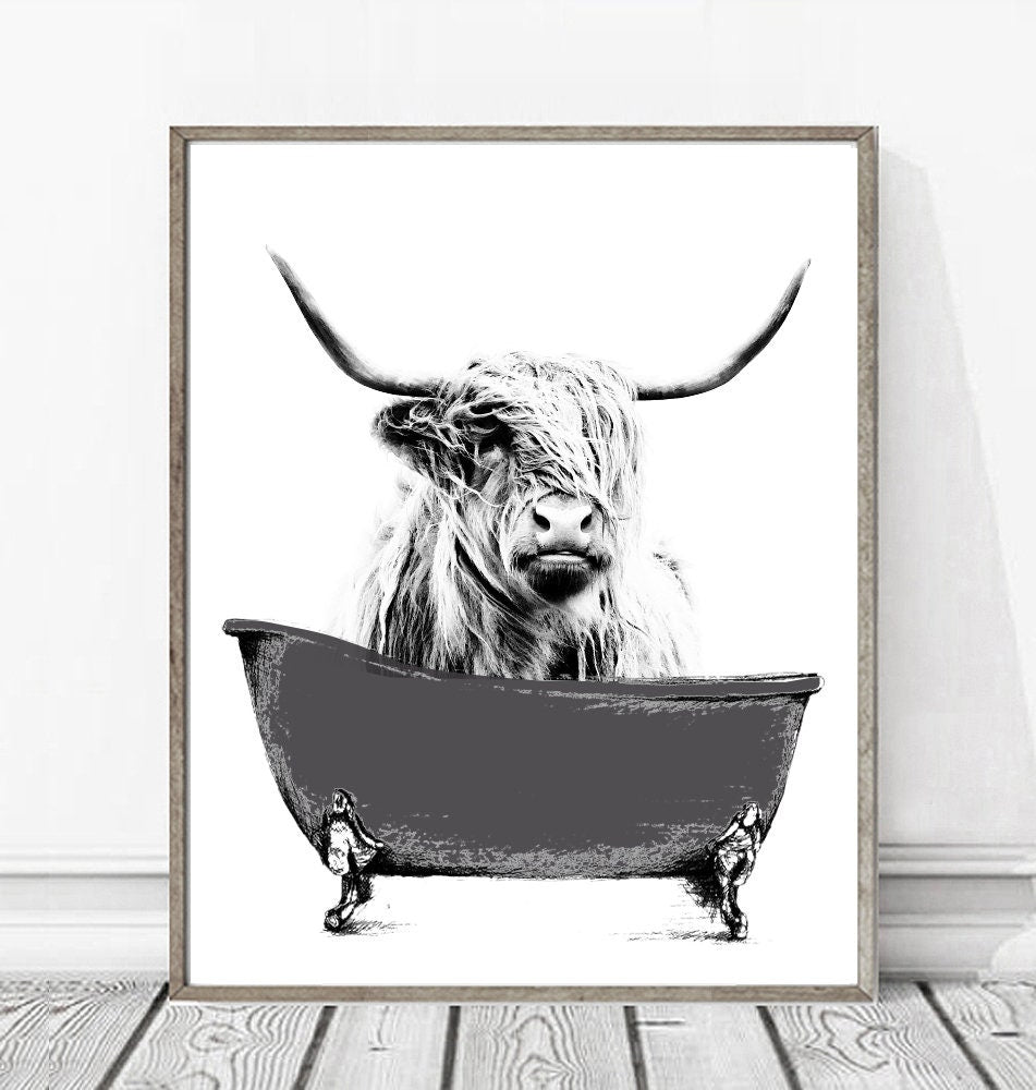 Highland Cow Watercolor Black Clawfoot Bathtub Custom Bathroom Wall Art Decor | Farmhouse Bathroom Decor | Funny Bathroom Wall Art Signs