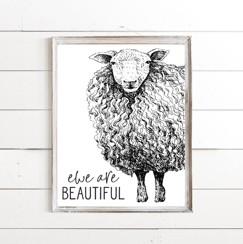 Ewe Are Beautiful Sheep Illustration Custom Bathroom Wall Decor | Farmhouse Bathroom Art | Vintage Bathroom Wall Hanging | Funny Bathroom - Lettered & Lined
