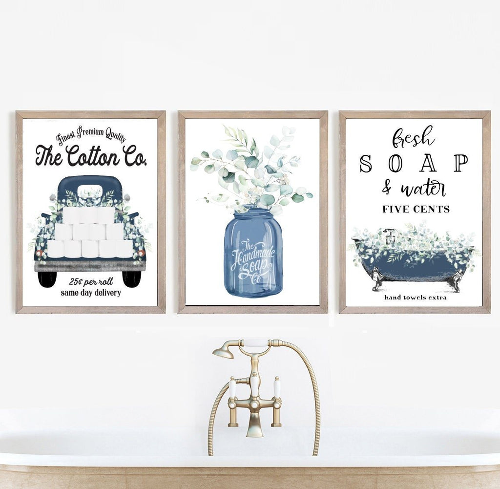 Set of 3 Navy Eucalyptus Bathroom Wall Art - Lettered & Lined