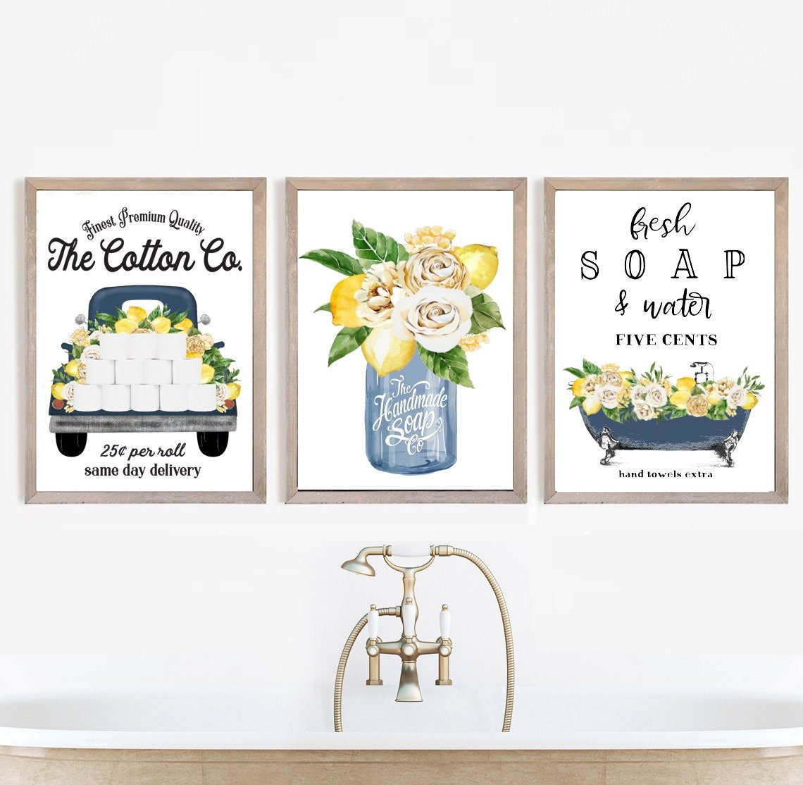 Set of 3 Navy with Lemon Bathroom Wall Art: The Cotton Co Truck | Custom Bathroom Wall Decor | Farmhouse Bathroom Decor | Bathroom Signs - Lettered & Lined set-of-3-navy-with-lemon-bathroom-wall-art-the-cotton-co-truck-custom-bathroom-wall-decor-farmhouse-bathroom-decor-bathroom-signs-lettered-lined