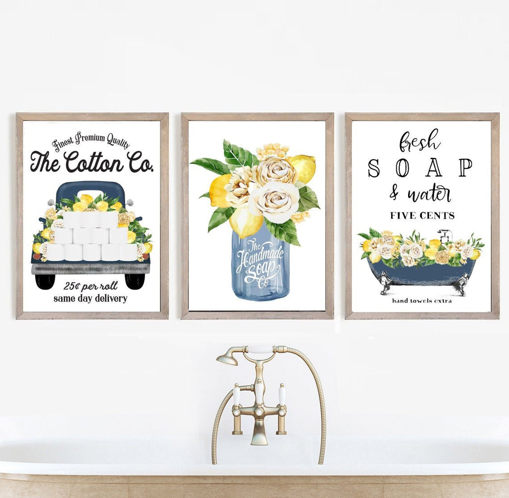 Set of 3 Navy with Lemon Bathroom Wall Art - Lettered & Lined