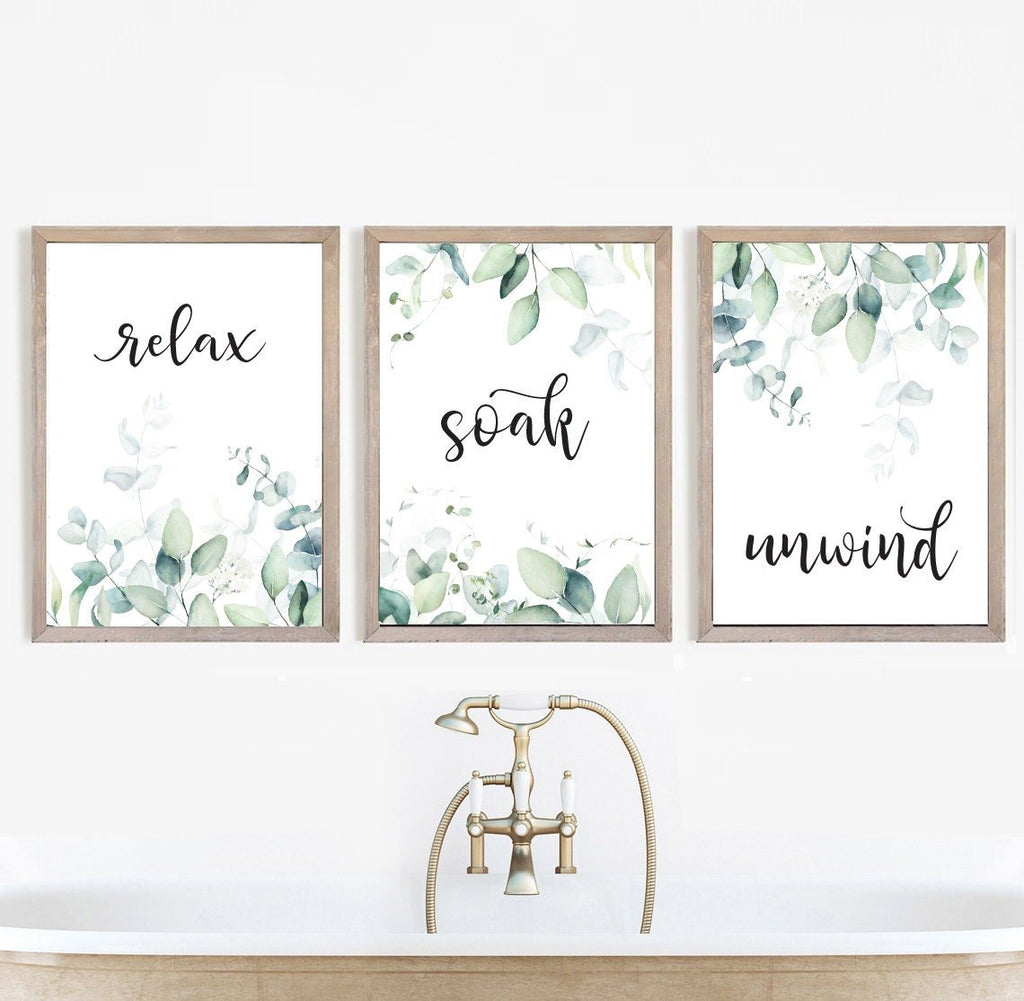 Set of 3 Relax Soak Unwind Eucalyptus Bathroom Wall Art - Lettered & Lined