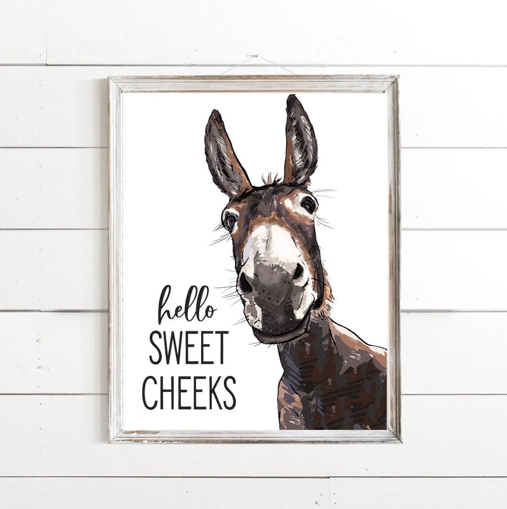Hello Sweet Cheeks Watercolor Donkey - Lettered & Lined