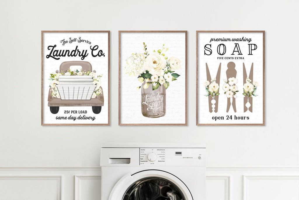 Set of 3 Natural Laundry Wall Art Laundry Co | Laundry Wall Decor | Farmhouse Laundry Decor | Laundry Signs | Vintage Laundry | Wall Hanging