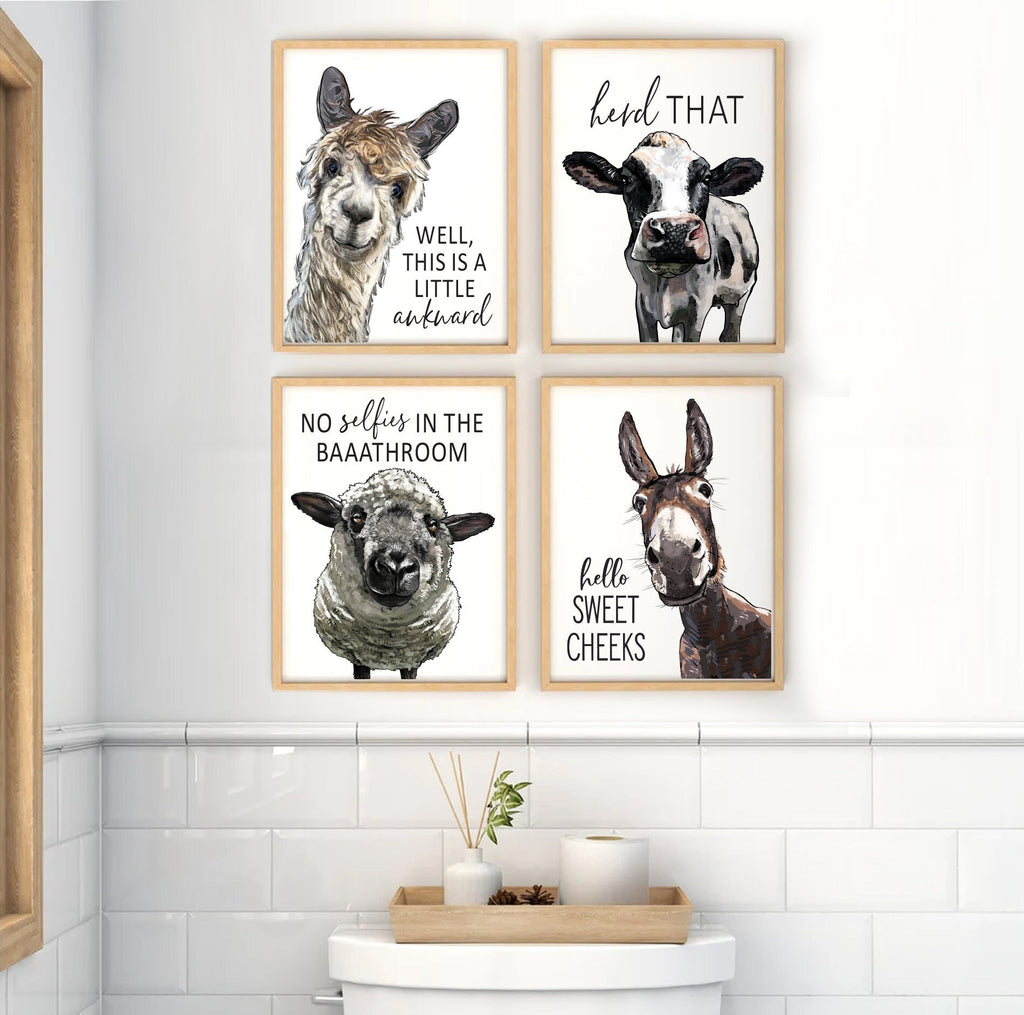 framed examples Set of 4 Custom Bathroom Art: Llama, Cow, Sheep & Donkey | Lettered & Lined