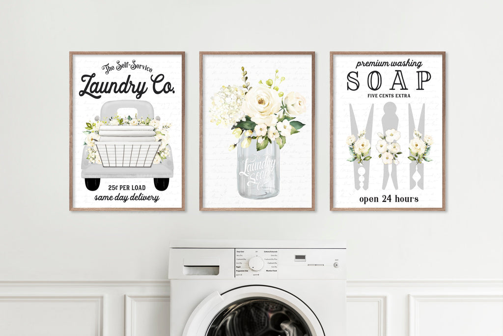 Set of 3 White Laundry Wall Art: Laundry Co | Laundry Wall Decor | Farmhouse Laundry Decor | Laundry Signs | Vintage Laundry | Wall Hanging