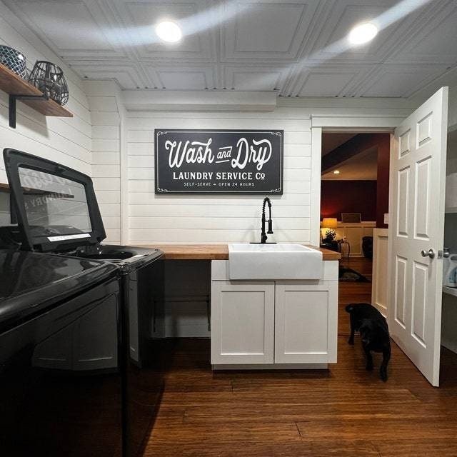 Black and White Wash And Dry Laundry Service Co Canvas Sign - Lettered & Lined