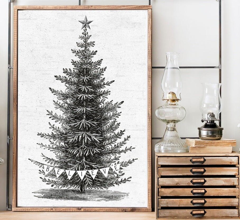 Believe Banner Christmas Tree Vintage Illustration - Lettered & Lined