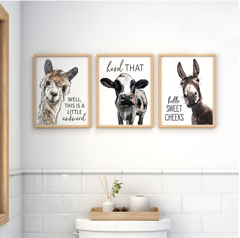 Set of 3 Custom Bathroom Prints: Llama, Cow, & Donkey | Bathroom Wall Decor | Farmhouse Bathroom Decor | Vintage Wall Art | Bathroom Signs