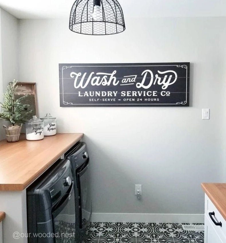 Black and White Wash And Dry Laundry Service Co Canvas Sign - Lettered & Lined