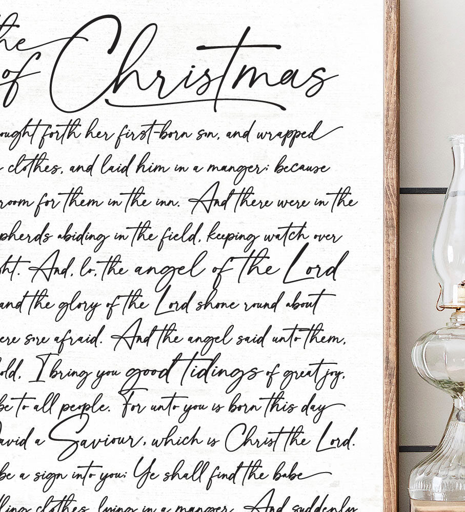 Close-up of white lettering The Story of Christmas Luke 2:7 - Lettered & Lined